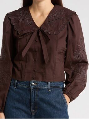 BAGATELLE Brown Richelieu Big Collar Blouse  Shirt Eyelet Embroidered (Farm Rio